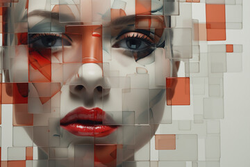 Abstract pixelated face portrait. Fragmented identity and blurring of reality. Conceptual and contemporary makeup. Self-esteem prison. Woman locked in herself.