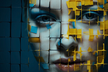 Abstract pixelated face portrait. Fragmented identity and blurring of reality. Conceptual and contemporary makeup.