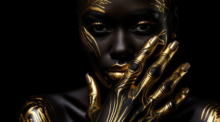 Beauty woman painted in black skin color body art, gold makeup lips eyelids, fingertips nails in gold color paint. Professional gold makeup - obrazy, fototapety, plakaty