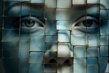 Abstract pixelated face portrait. Fragmented identity and blurring of reality. Conceptual and contemporary makeup.