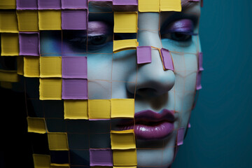 Abstract pixelated face portrait. Fragmented identity and blurring of reality. Conceptual and contemporary makeup.