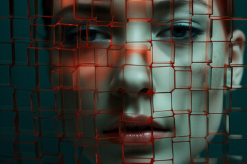 Abstract pixelated face portrait. Fragmented identity and blurring of reality. Conceptual and contemporary makeup.