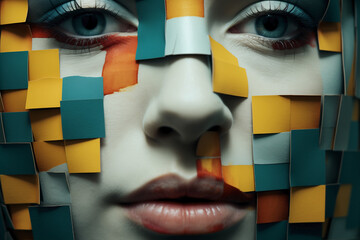 Abstract pixelated face portrait. Fragmented identity and blurring of reality. Conceptual and contemporary makeup.