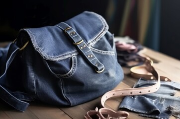 Stylish handbags made of old jeans clothes. Handmade crafted denim blue bags. Generate ai