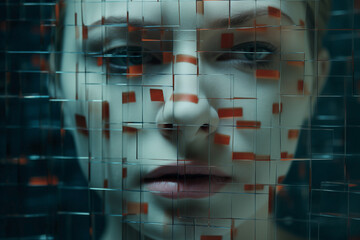 Abstract pixelated face portrait. Fragmented identity and blurring of reality. Conceptual and contemporary makeup.