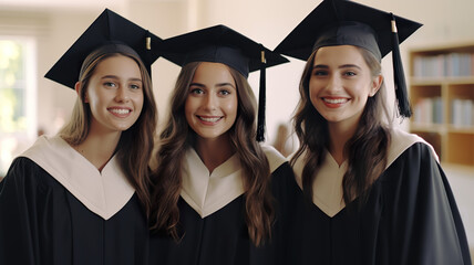 Three happy graduating mates are depicted in an isolated portrait against a stark white background.