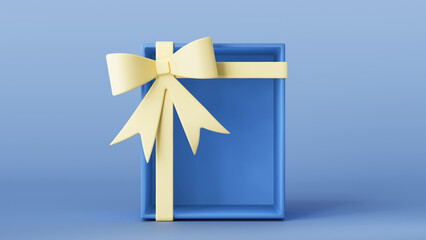 3D render illustration. Empty stand or blank gift box to showcase products. Open blue box with a yellow bow on a blue background. Birthday, Valentine's Day, New Year, Women's Day,Black Friday.