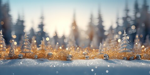 Gold pine trees and glitters on icy blue background covered with white snow, Decoration for winter season, Christmas celebrations, New Year greeting card with copy space