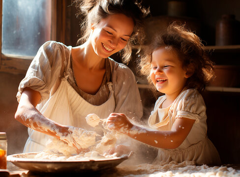 Madre e hija cocinando masa - Sonrisas haciendo pan harina