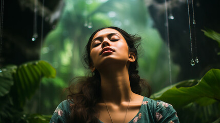 Mujer meditando ojos cerrados - Respiración calma silencio - Naturaleza bosque  - obrazy, fototapety, plakaty