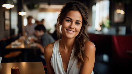Mujer mirando a camara - Chica primer plano sonriente - Fondo desenfocado restaurante cafeteria - Invierno