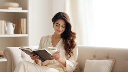 Beautiful woman sitting alone on a sofa, reading a book against a stark white background