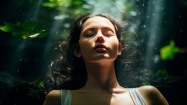 Mujer meditando ojos cerrados - Respiraci&oacute;n calma silencio - Naturaleza bosque 