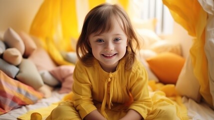 Fototapeta premium Cute little girl playing with soft toys on bed in room at home