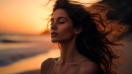 Mujer meditando ojos cerrados - Respiración calma silencio - playa océano naturaleza  - obrazy, fototapety, plakaty