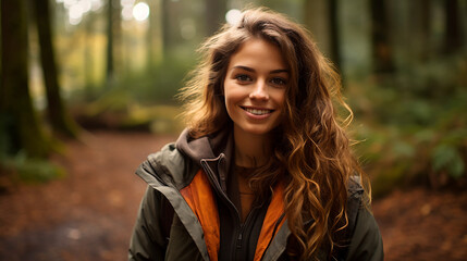 Mujer mirando a cámara - Chica primer plano sonriente - Fondo desenfocado bosque otoño - Invierno
