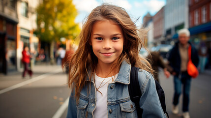 Niño mirando a cámara - Chica primer plano sonriente - Fondo desenfocado en la calle - Invierno