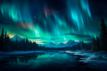 Aurora boreal - Paisaje lago nieve bosque de noche con cielo estrellado - Azul, verde - obrazy, fototapety, plakaty
