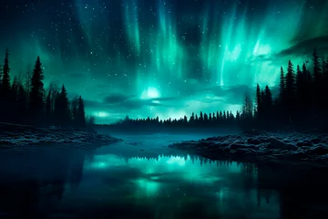 Foto op Canvas Aurora boreal - Paisaje lago nieve bosque de noche con cielo estrellado - Azul, verde © Carmen