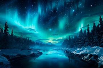 Aurora boreal - Paisaje lago nieve bosque de noche con cielo estrellado - Azul, verde - obrazy, fototapety, plakaty