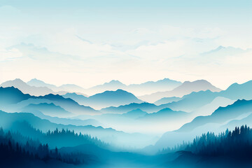 Paisaje bosque niebla - Amanecer montanas - Azul, verde 