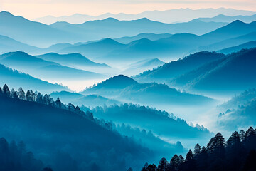 Paisaje bosque niebla bruma - Amanecer montanas - Azul, verde 
