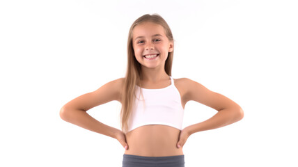 Obraz premium Isolated on a white background, a happy girl stretches after exercising