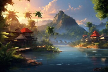 Tropical village on the river bank