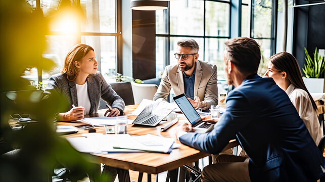 group of people discussing in minute meeting presentation at a conference in a friendly atmosphere in a modern office.