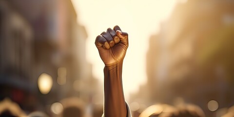 African American people in a crowd fighting and protesting in the street with raised fists against racism and racial discrimination, for change, freedom, justice and equality,Black Lives Matter - obrazy, fototapety, plakaty