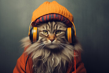 Rastafarian cat in a knitted hat and headphones
