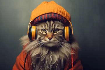 Tuinposter Rastafarian cat in a knitted hat and headphones © paffy