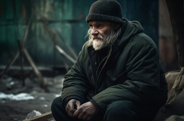 Homeless elderly beggar man sitting on the street. Depressed old man living in poverty and hunger. Generate ai