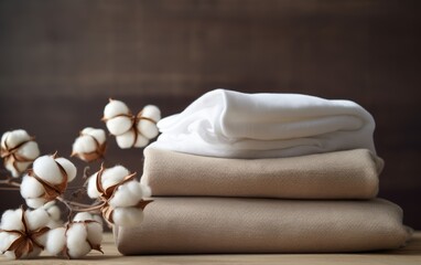 Fototapeta na wymiar Beige and white cotton textile layers with cotton plant decorations, eco textile