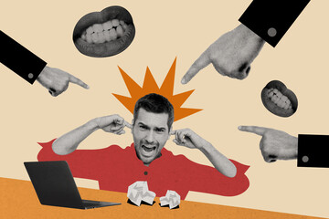 Sketch collage image of stressed depressed man close ears loud noise abuse bullying isolated on drawing background