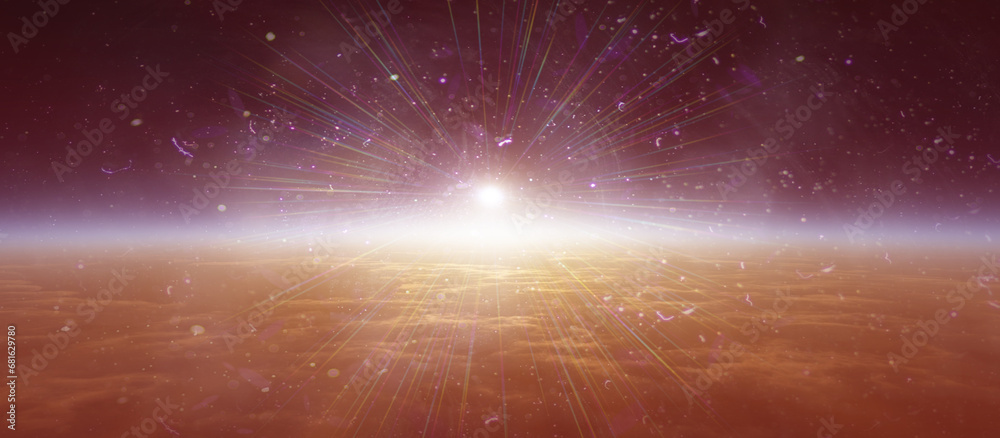 Sticker sunrise from space aurora, 3d rendering