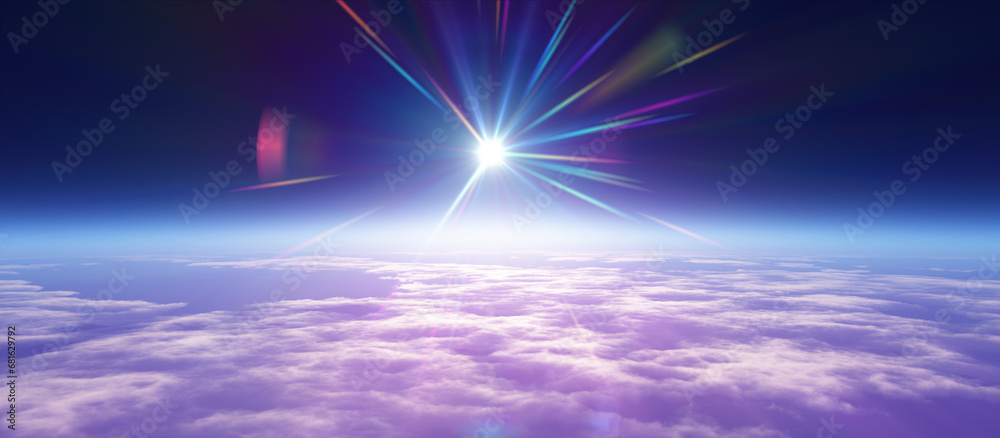 Sticker sunrise from space aurora, 3d rendering