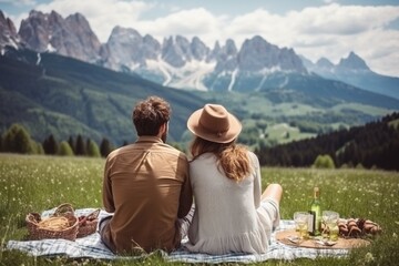 Young couple in love doing picnic visiting alps Dolomities. Boyfriend and girlfriend sitting and looking at the beautiful scenic green meadow landscape