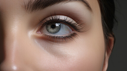 Beauty Close-Up  Woman Checking Eyebrows and Eyes with No Wrinkles on Grey Background