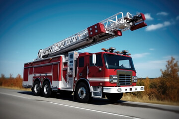 A fire truck with a ladder on top driving on road.