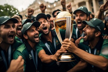 Cricket Team Celebrating Victory. Generative Ai - obrazy, fototapety, plakaty