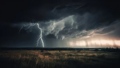 Fotobehang Dramatic sky sparks awe with forked lightning in rural meadow generated by AI © Jeronimo Ramos