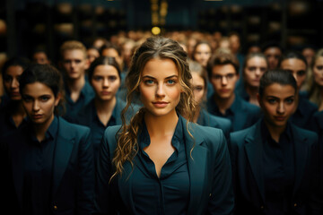 A confident businesswoman stands out in a crowd of professionals. Her strong gaze and unique presence symbolize leadership and ambition.