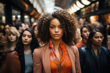 A confident young woman stands out in a bustling urban crowd, showcasing modern fashion and natural beauty.