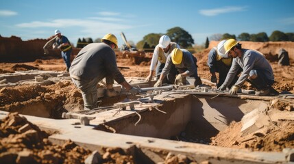 A group of diverse field workers collaborating on a construction project, Teamwork and effective.