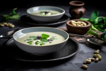 Kohlrabi cream soup bowl. Vegan healthy creamy dish pot. Generate ai