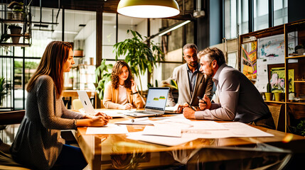 group of people discussing in minute meeting presentation at a conference in a friendly atmosphere in a modern office.