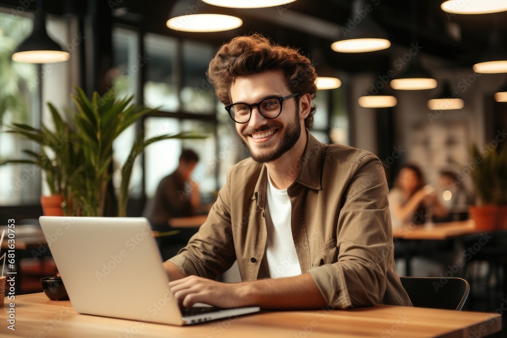 Leinwandbilder attractive nerd uses chatgpt for search information, working in a beautiful co-working space.