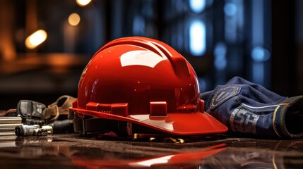 Red safety helmet and tools on a wooden surface. Construction concept