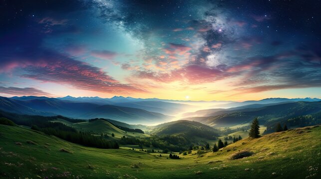 Landscape with Milky way galaxy.Sunrise and Earth view